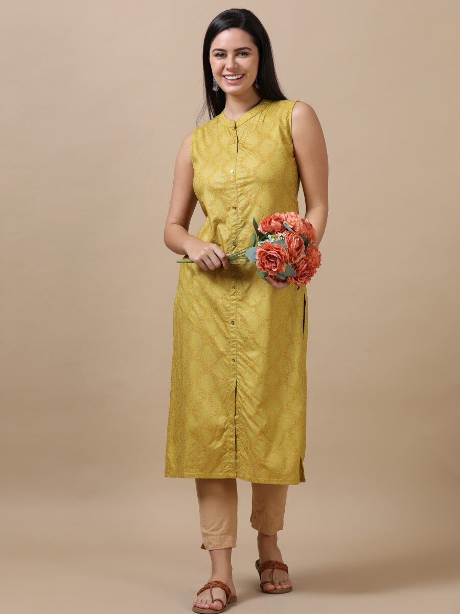 Marcia Gold Printed Rayon Straight Long Kurta