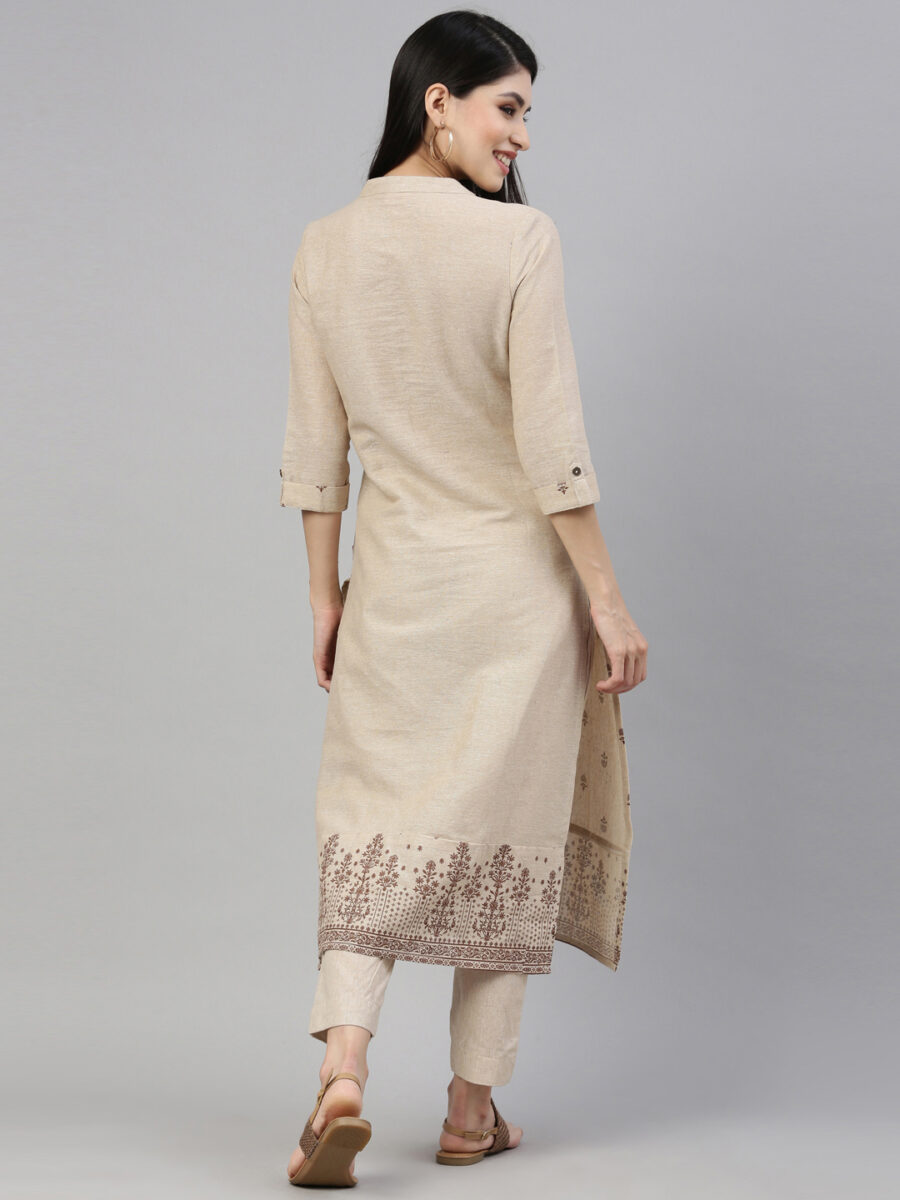 Marcia Beige Printed Cotton Straight Kurta Set - Image 2