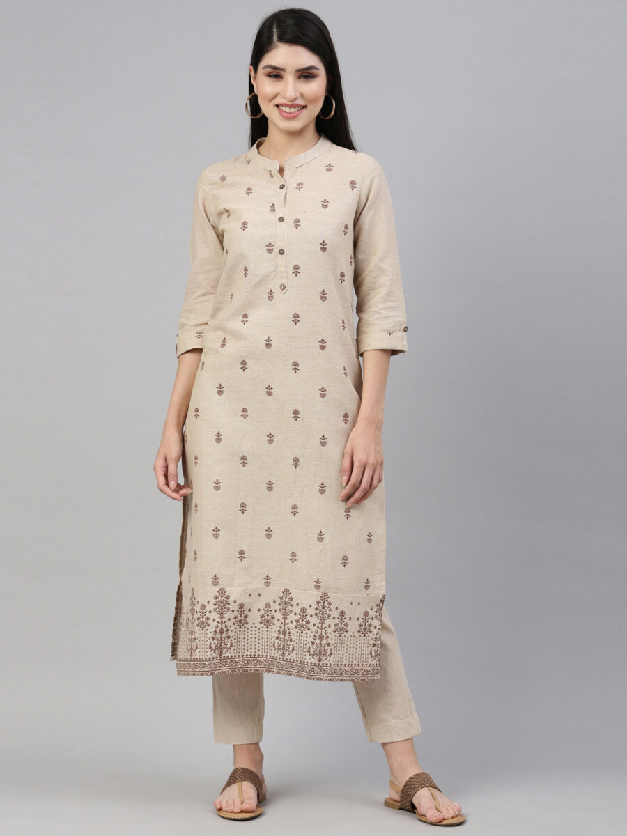 Marcia Beige Printed Cotton Straight Kurta Set - Image 4