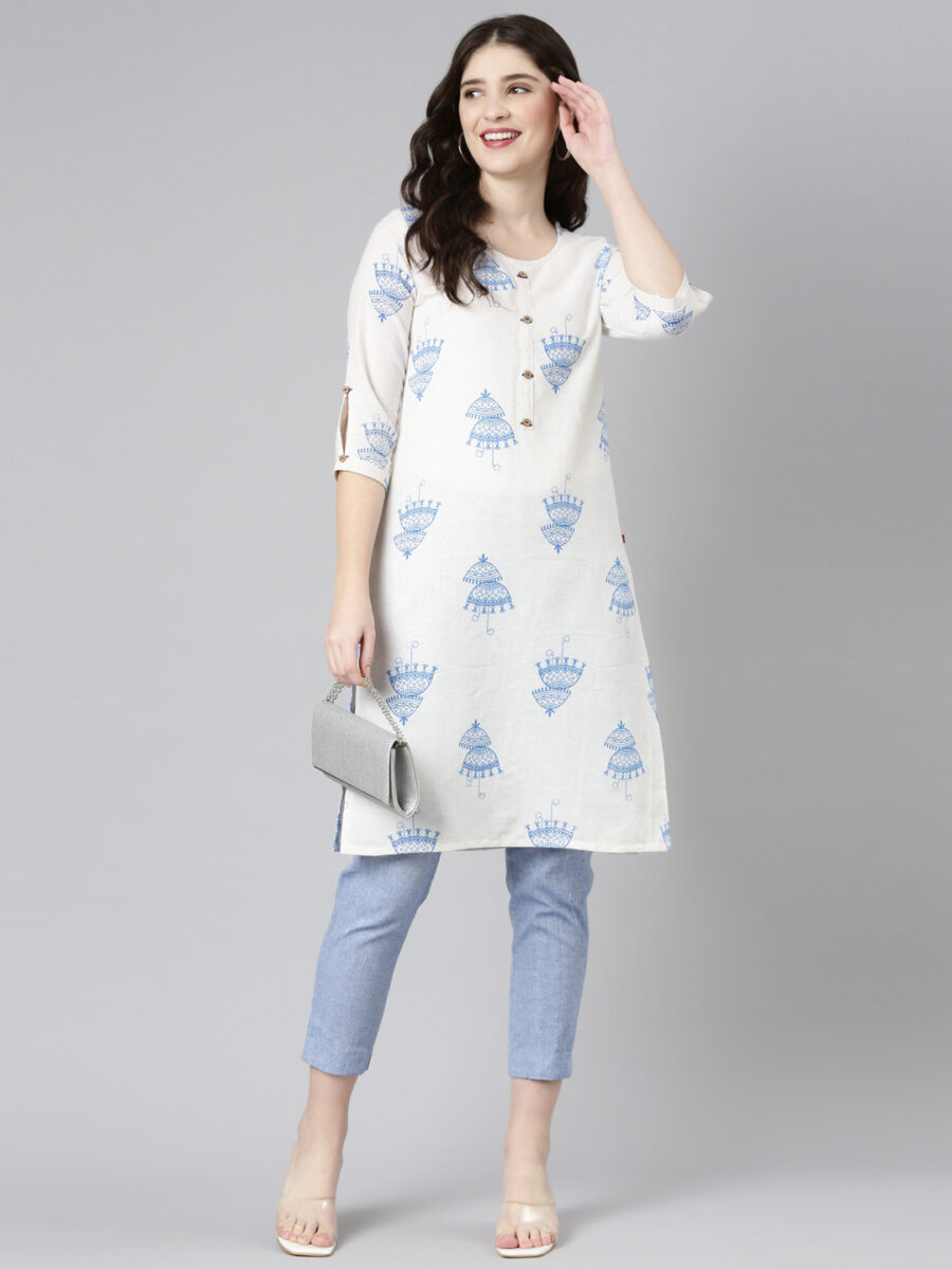 Marcia White Printed Cotton Straight Long Kurta