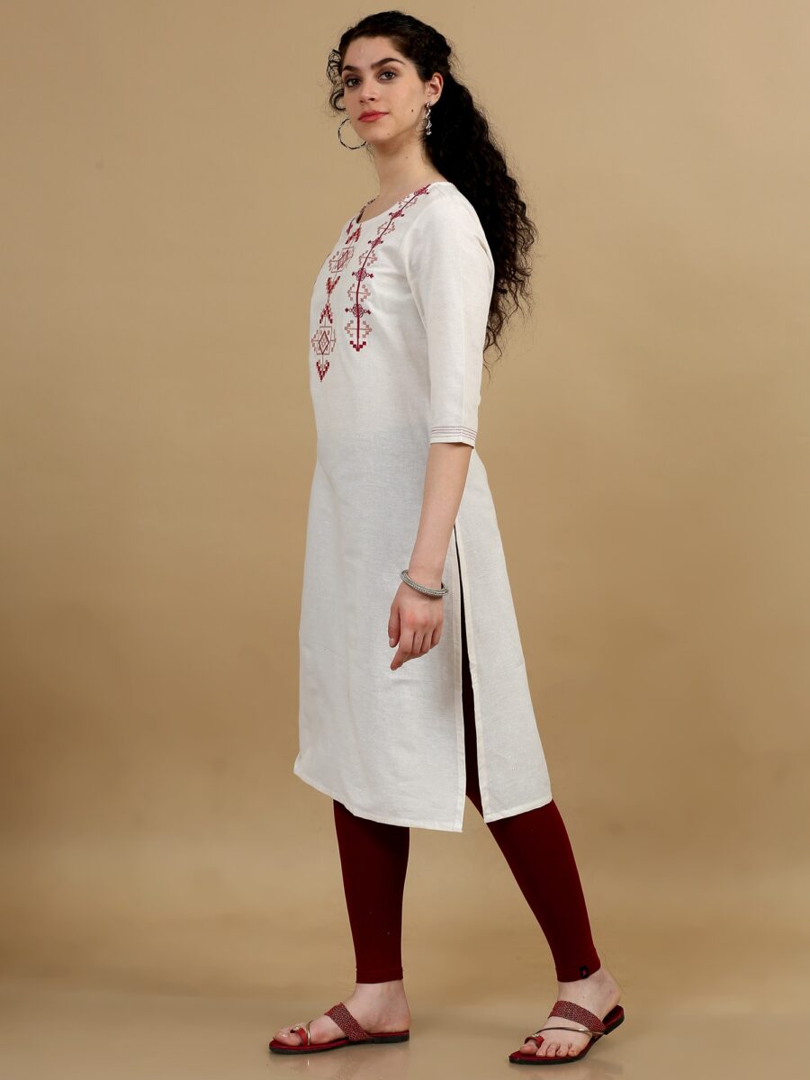 Marcia White Embroidred Cotton Straight kurta - Image 3