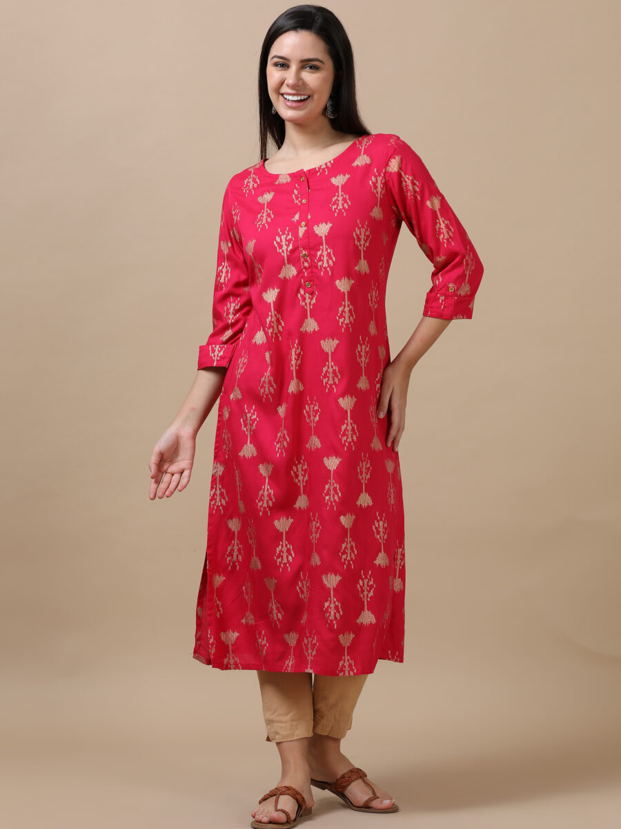 Marcia Pink Printed Rayon A-Line Long Kurta