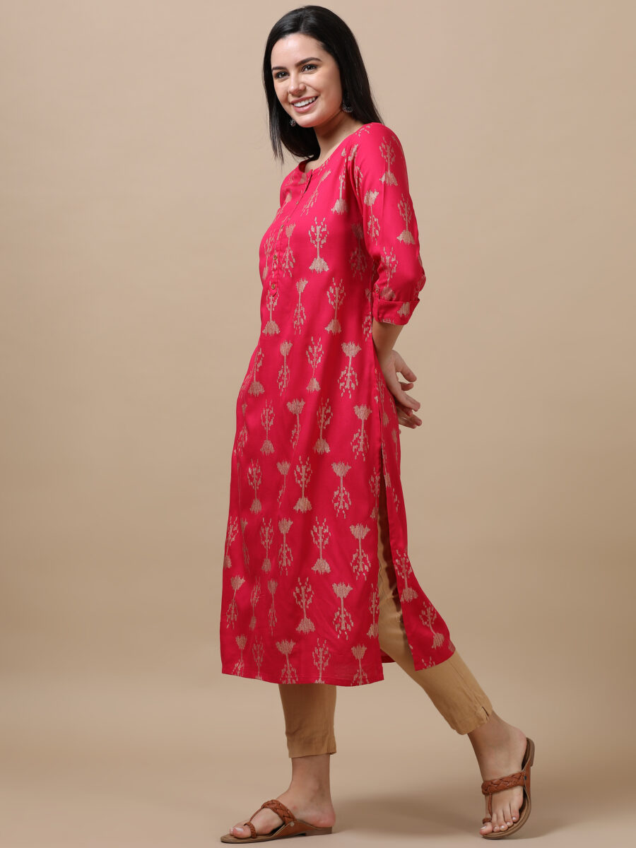 Marcia Pink Printed Rayon A-Line Long Kurta - Image 4