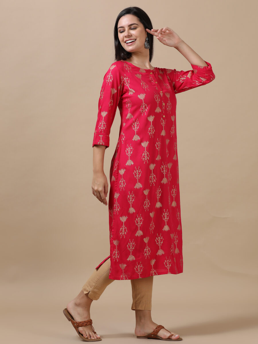 Marcia Pink Printed Rayon A-Line Long Kurta - Image 5