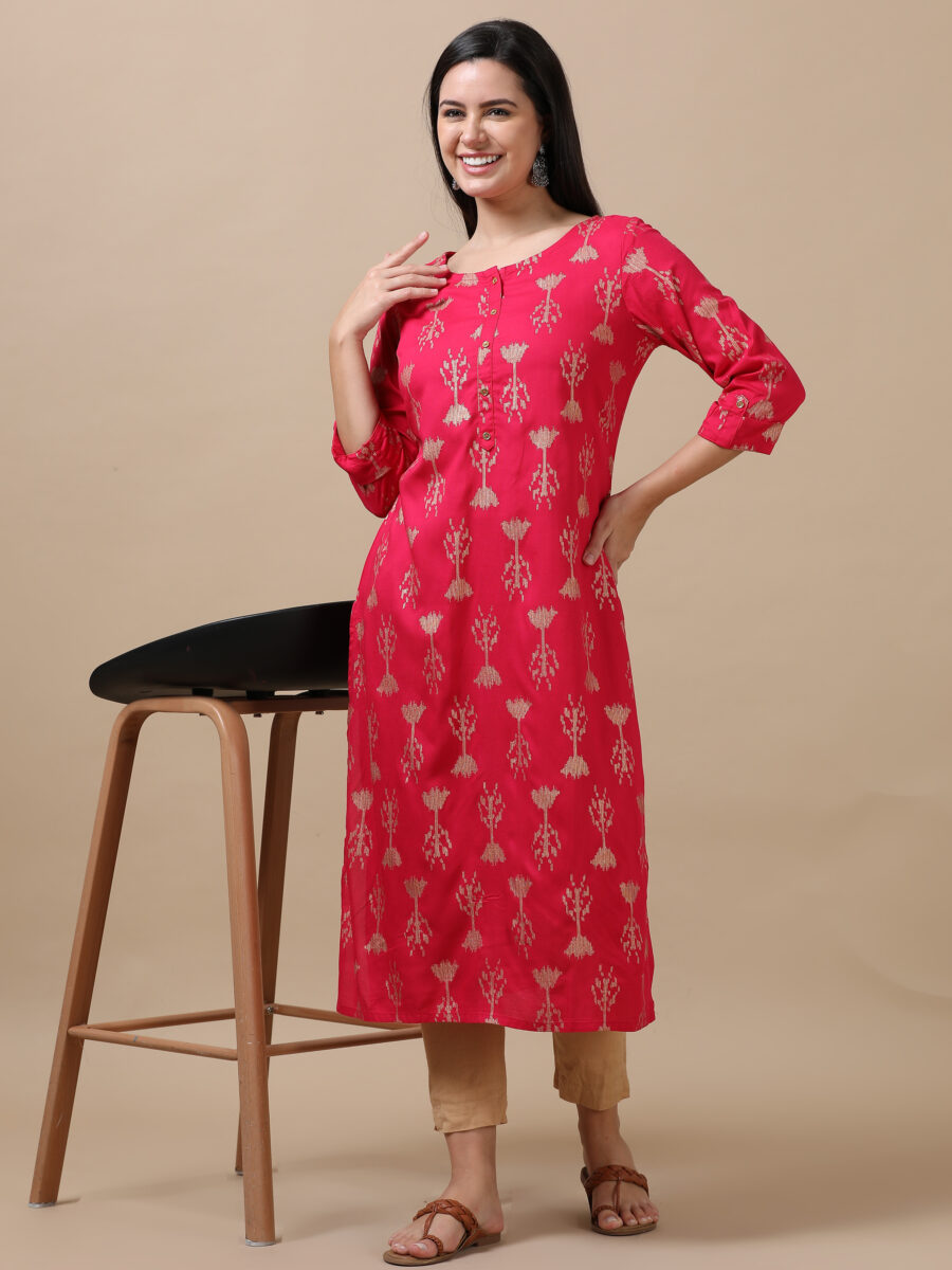 Marcia Pink Printed Rayon A-Line Long Kurta - Image 6