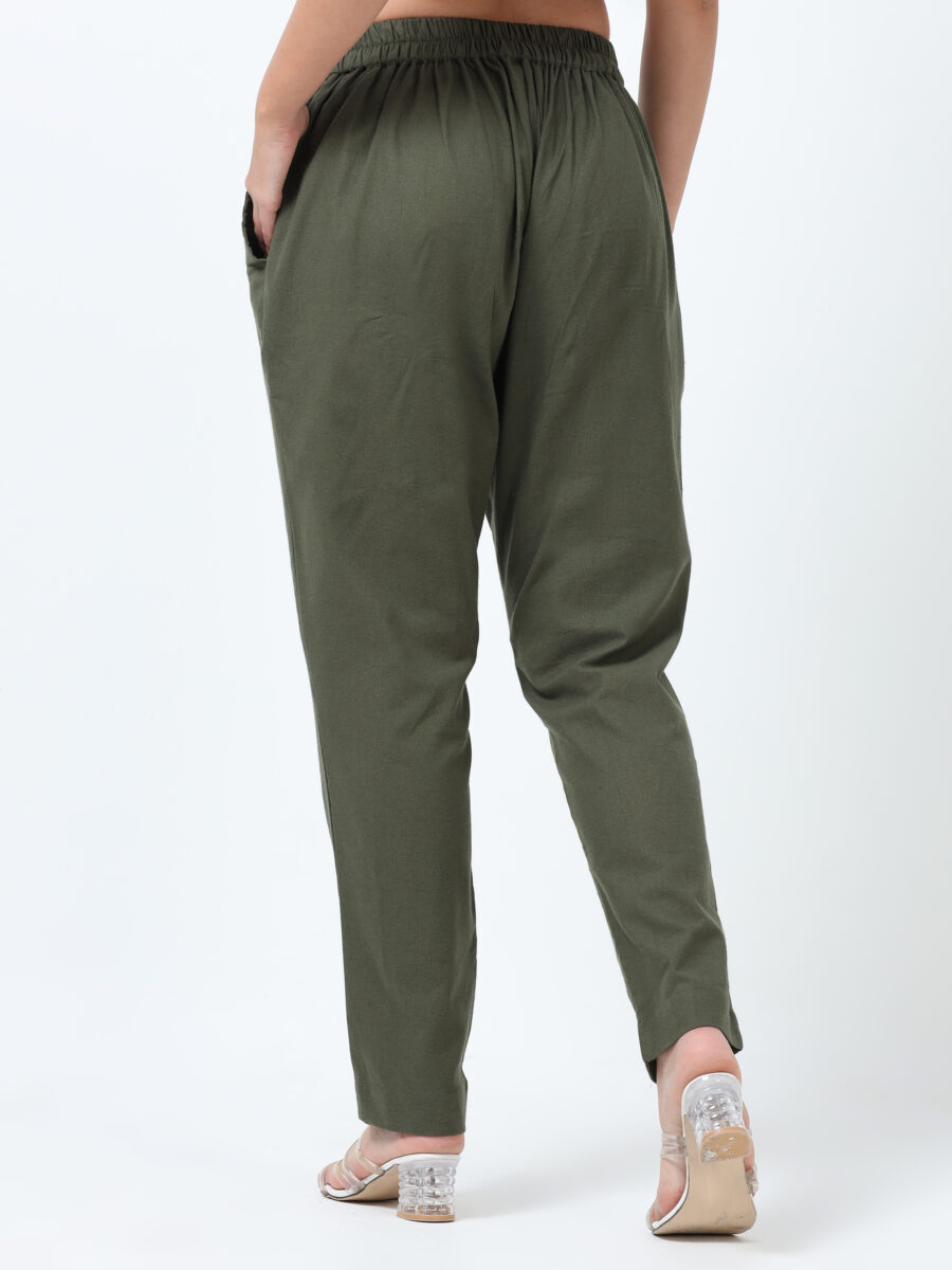 Marcia Olive Solid Cotton Regular Trousers - Image 4
