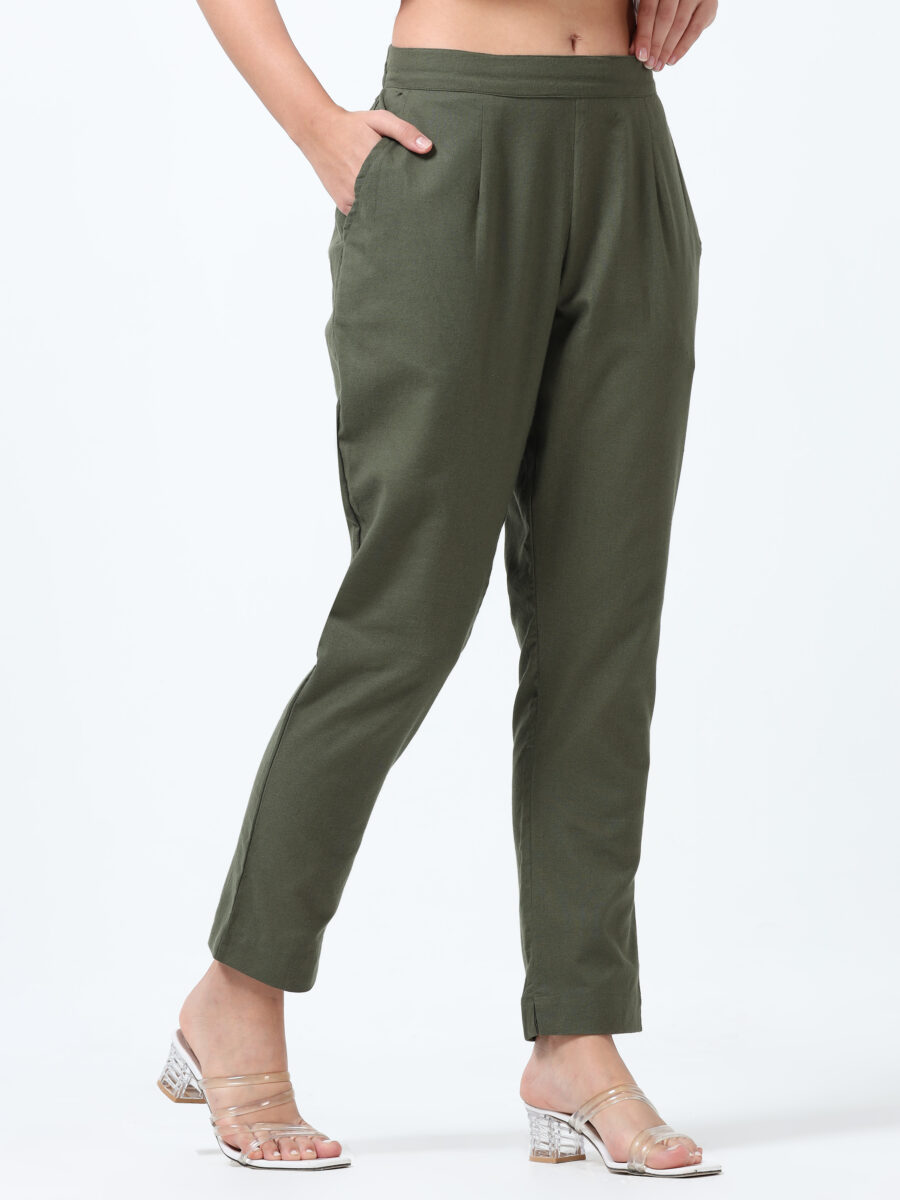 Marcia Olive Solid Cotton Regular Trousers - Image 6