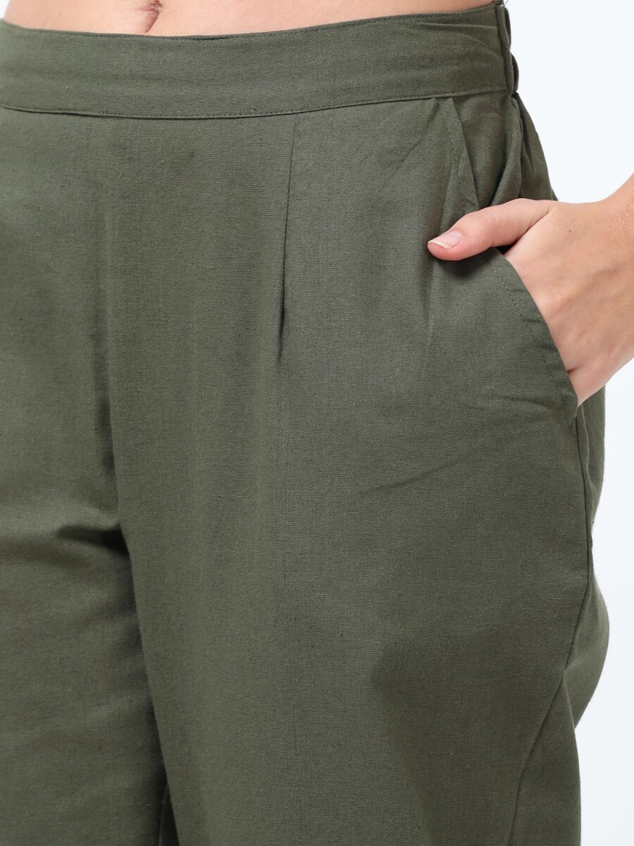 Marcia Olive Solid Cotton Regular Trousers - Image 7