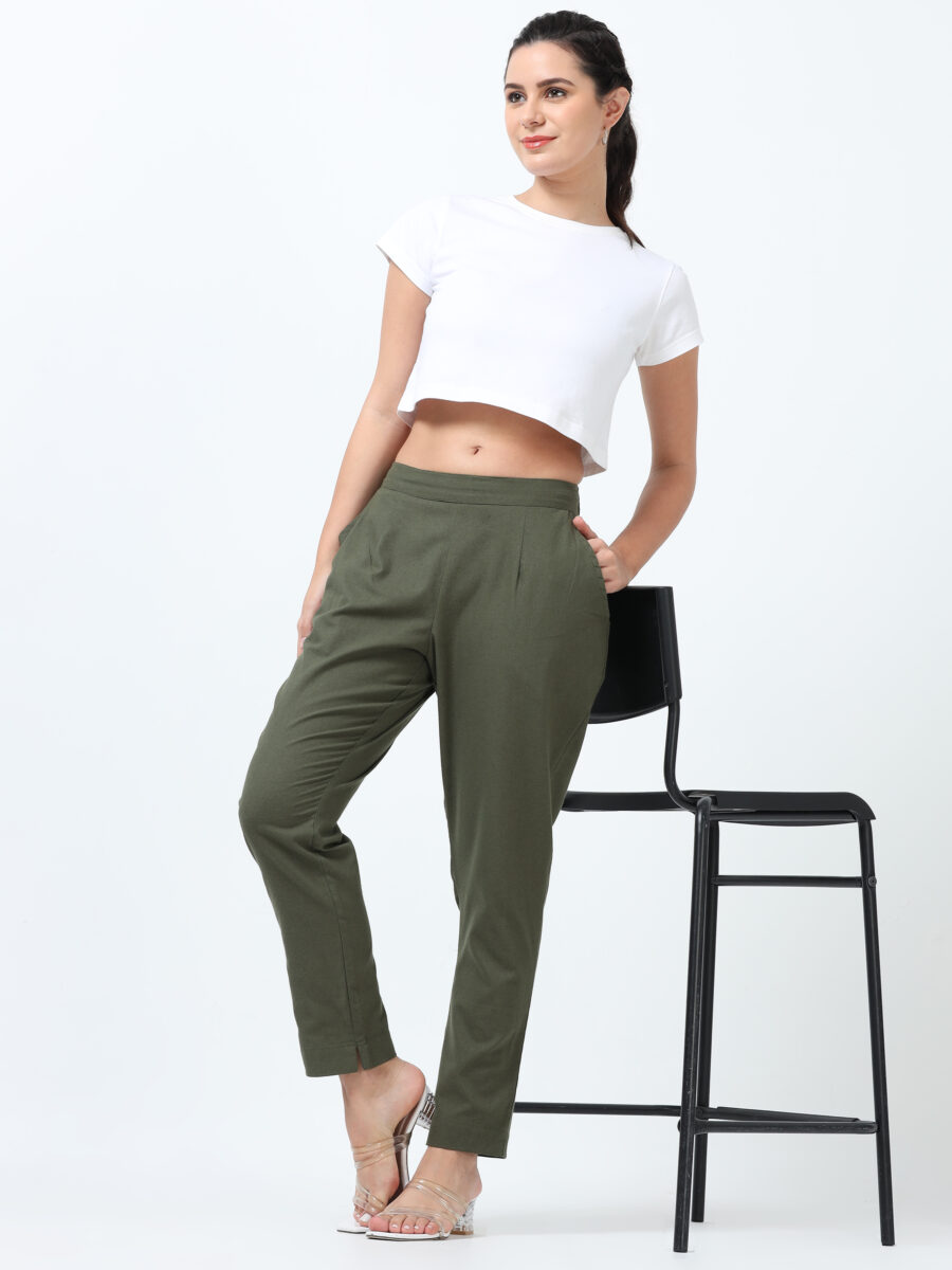 Marcia Olive Solid Cotton Regular Trousers - Image 8