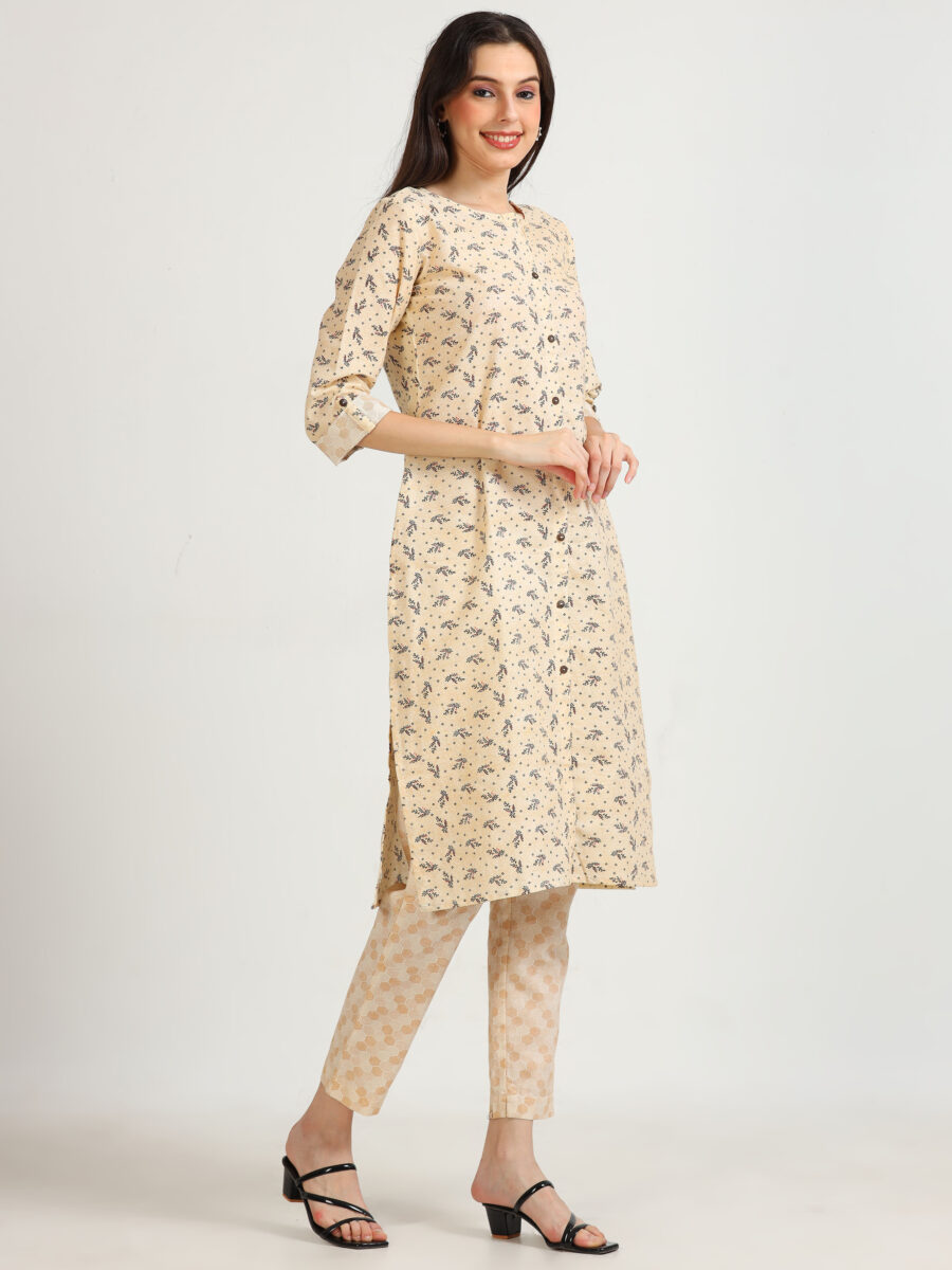 Marcia Beige Printed Cotton Kurta Set - Image 4