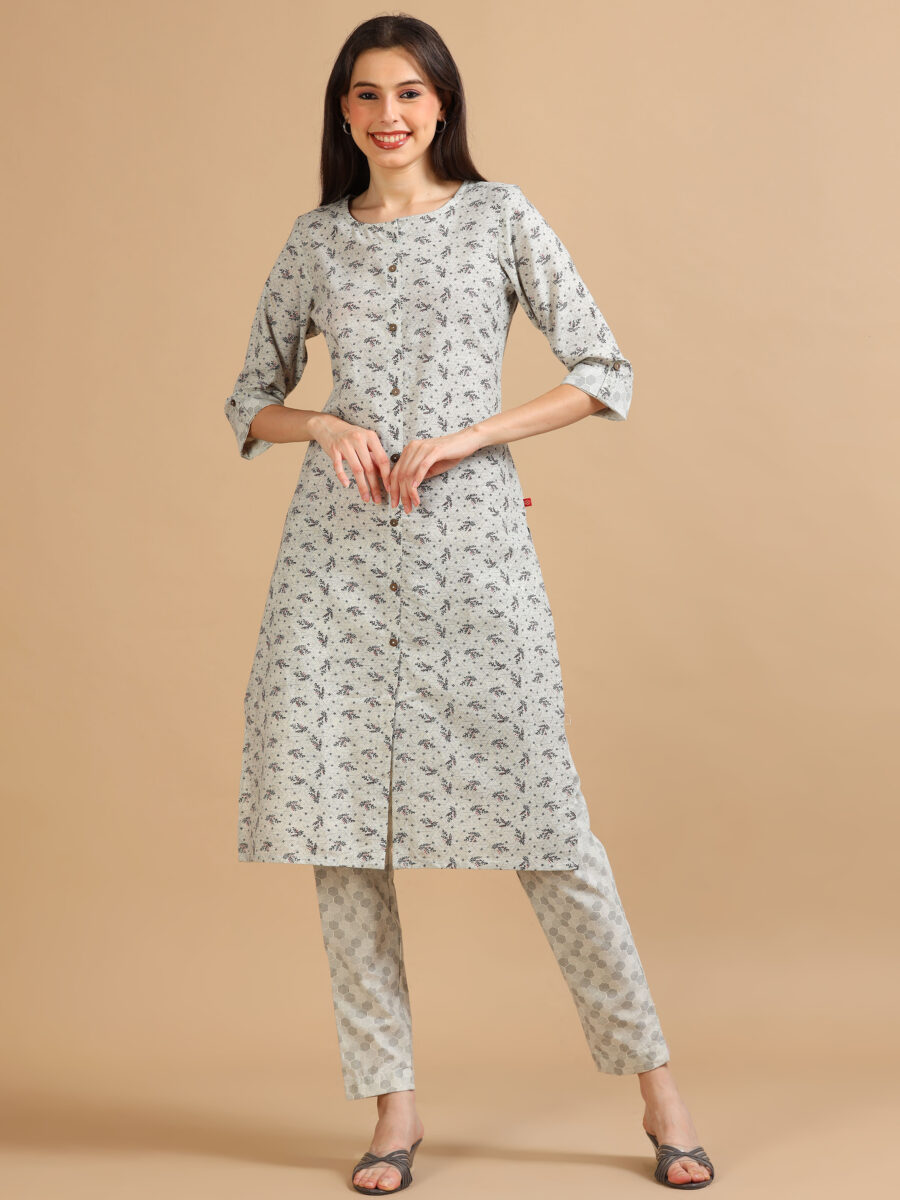 Marcia Grey Printed Cotton Kurta Set - Image 2