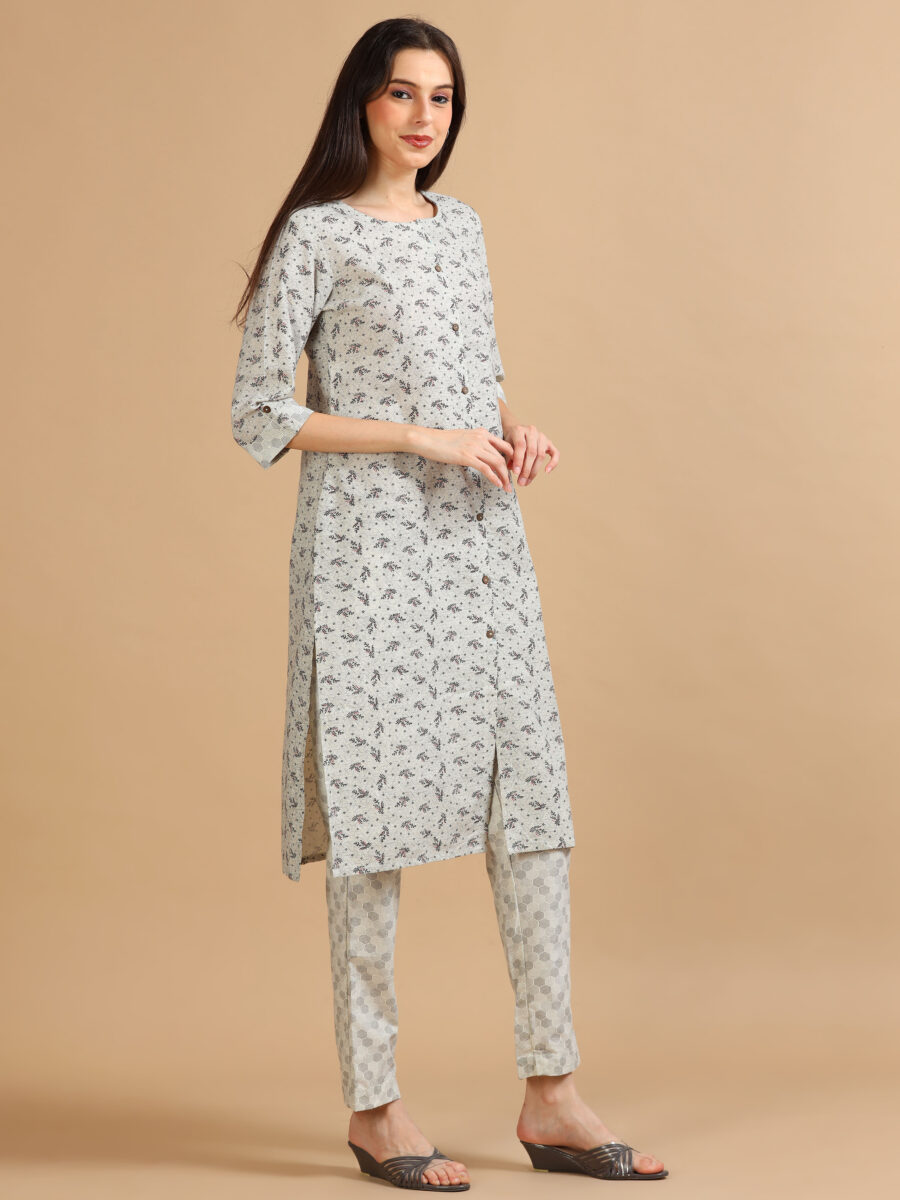 Marcia Grey Printed Cotton Kurta Set - Image 3