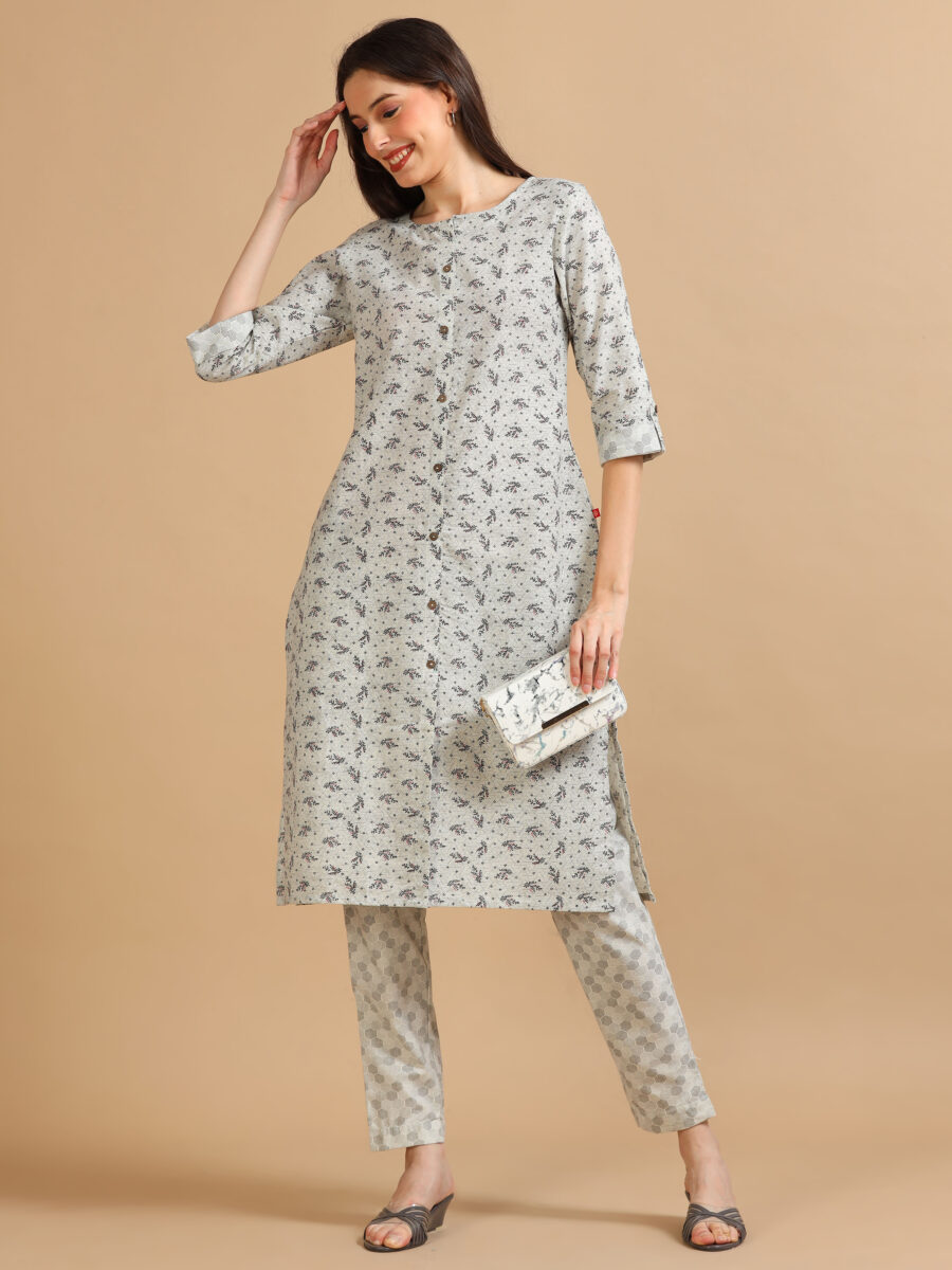 Marcia Grey Printed Cotton Kurta Set