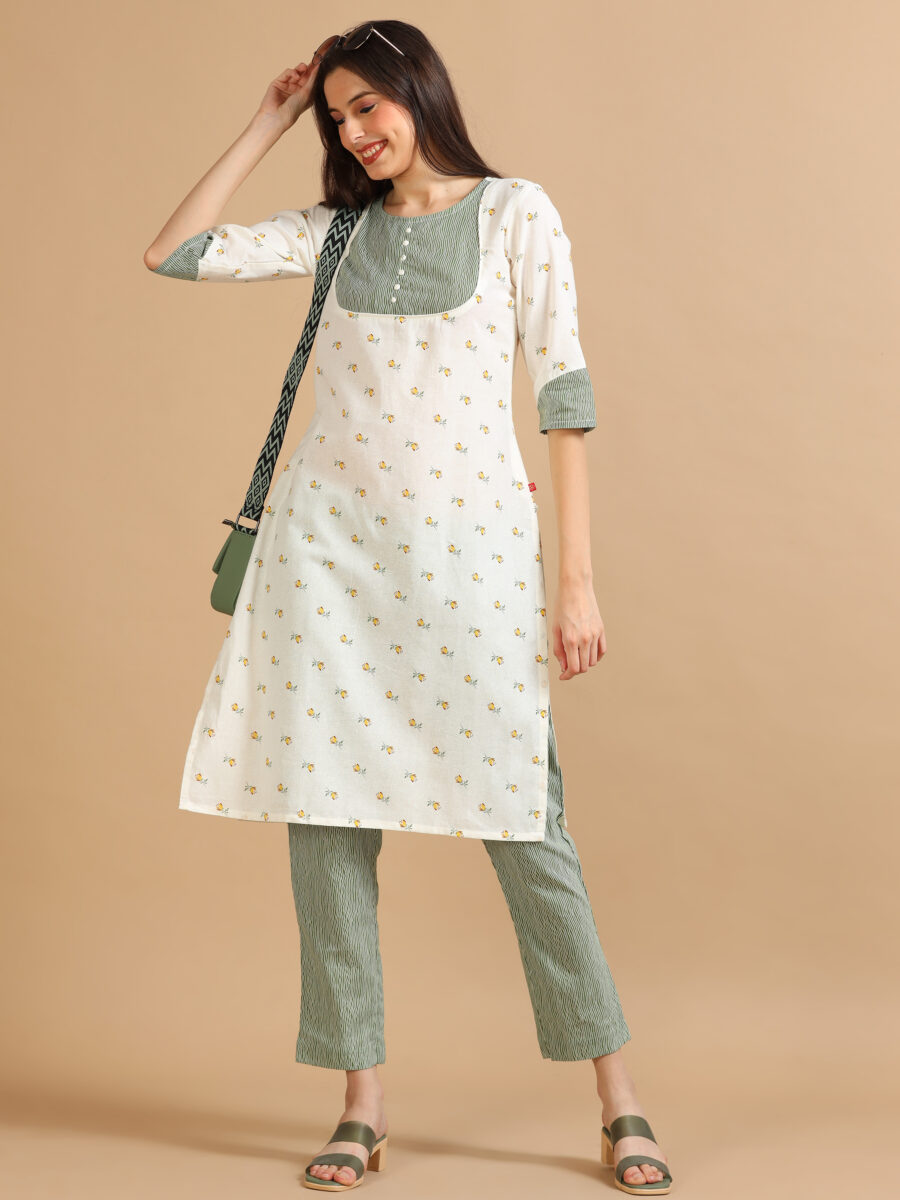 Marcia White Printed Cotton Kurta Set