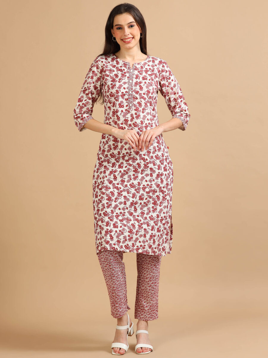 Marcia Maroon Printed Cotton Kurta Set - Image 2