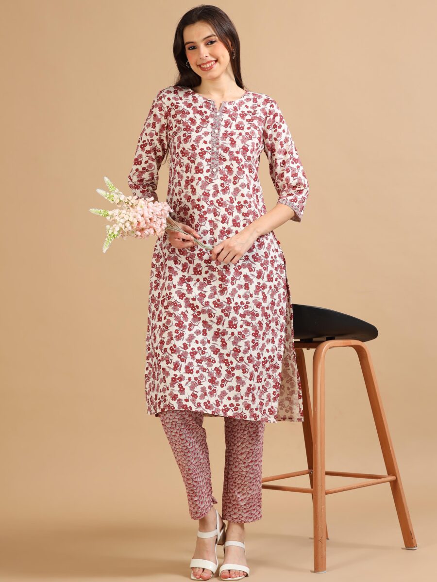 Marcia Maroon Printed Cotton Kurta Set