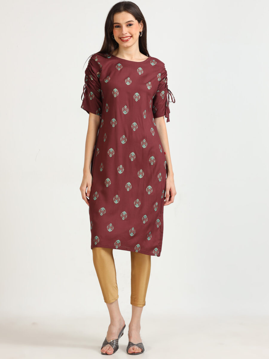 Marcia Maroon Printed Rayon Kurta - Image 2