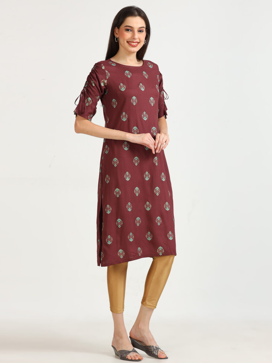 Marcia Maroon Printed Rayon Kurta - Image 3