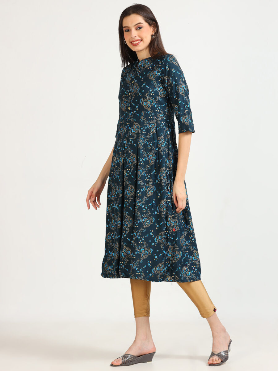 Marcia Blue Printed Rayon Kurta - Image 4