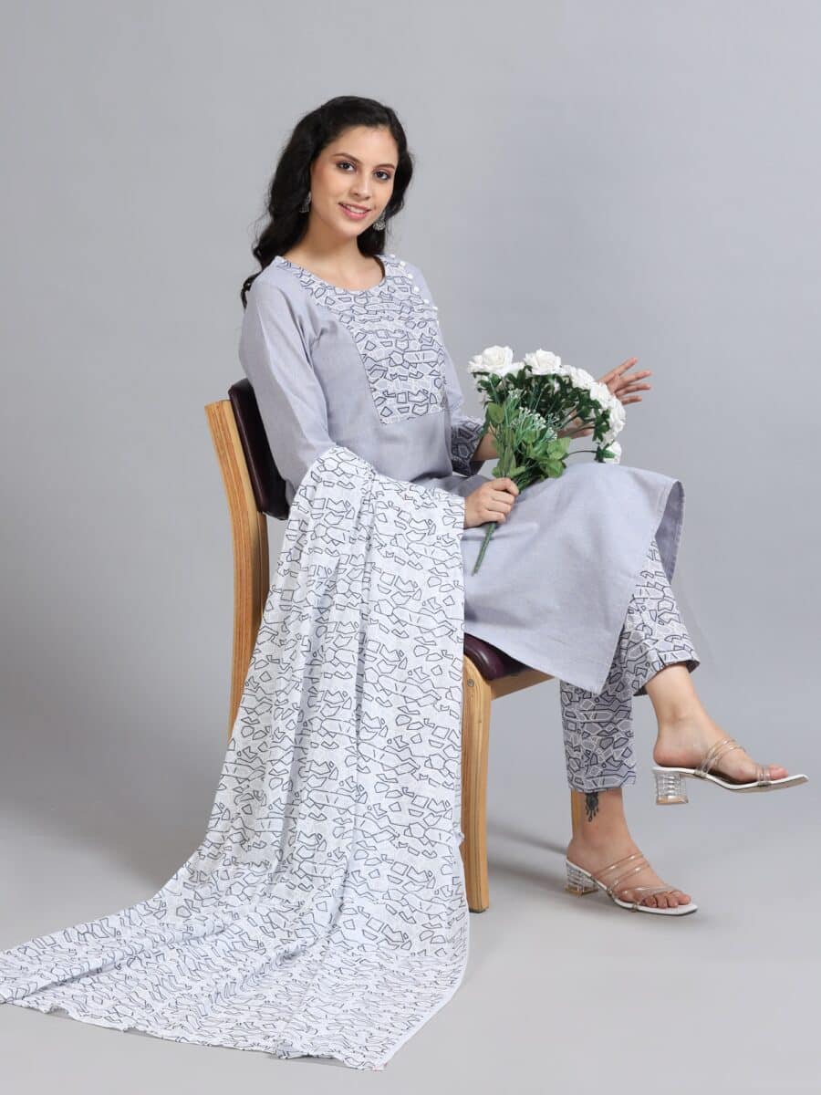 Marcia Grey Printed Cotton 3 Pc Kurta Set