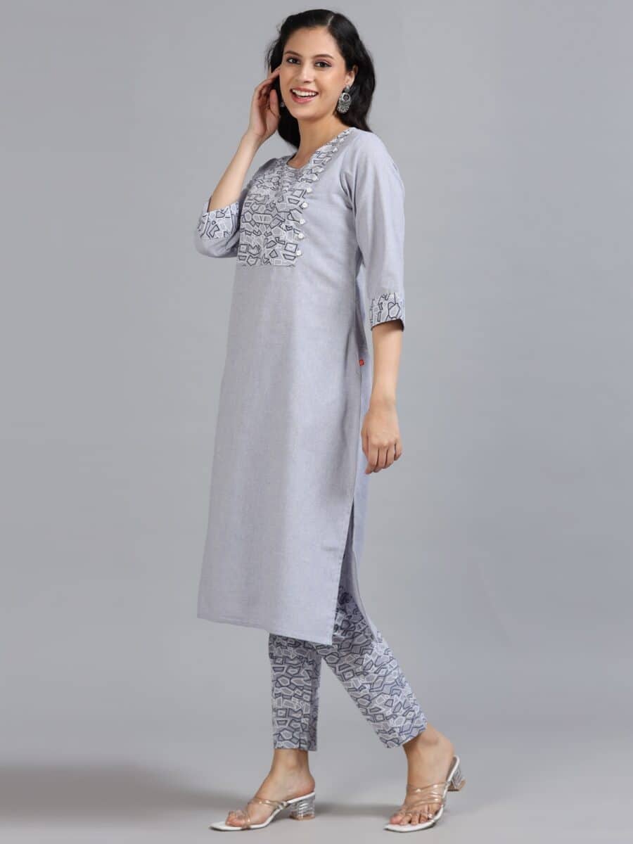 Marcia Grey Printed Cotton 3 Pc Kurta Set - Image 3