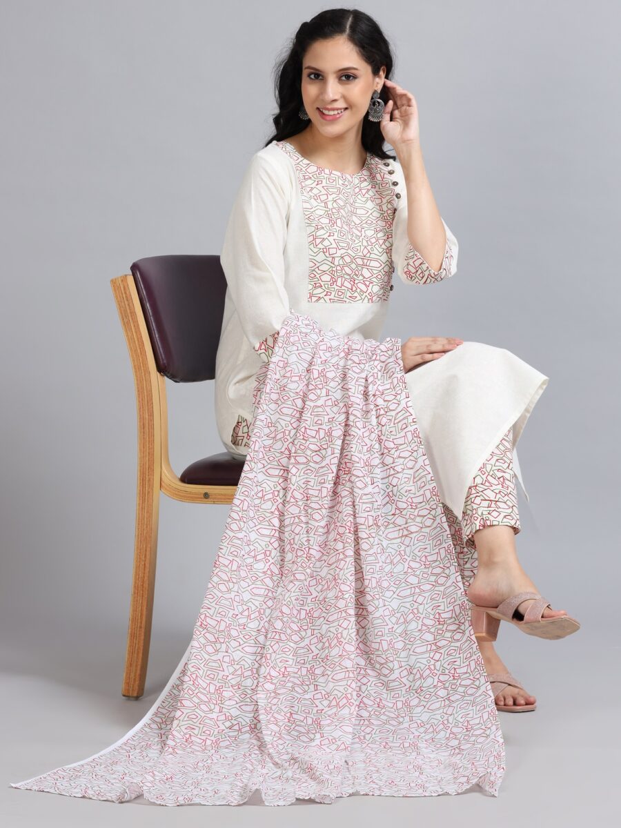 Marcia White Printed Cotton 3 Pc Kurta Set