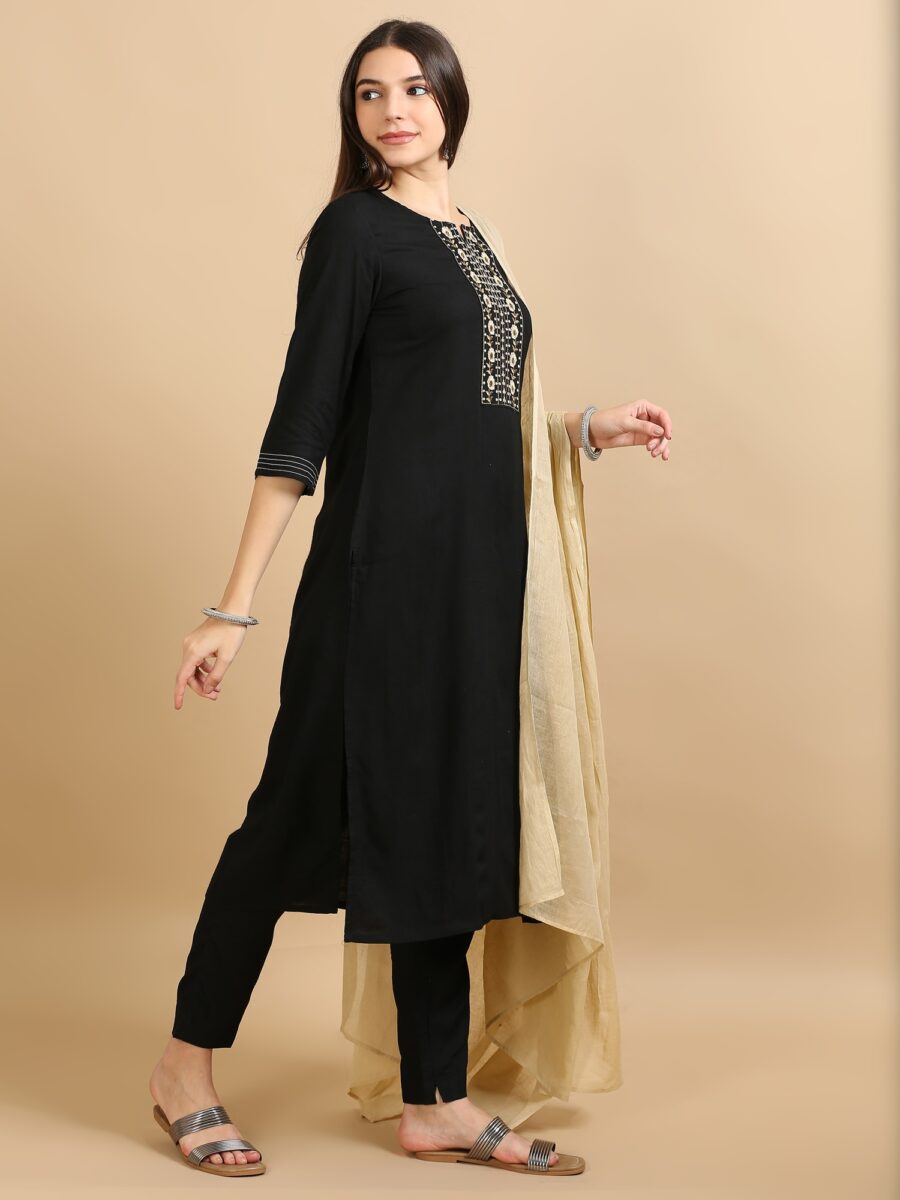 Marcia Black Embroidery Rayon 3 Pc Kurta Set - Image 3