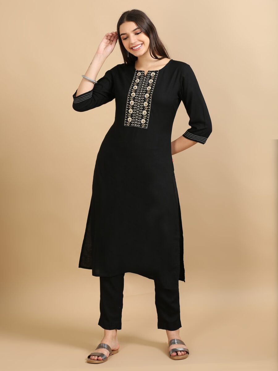 Marcia Black Embroidery Rayon 3 Pc Kurta Set - Image 4
