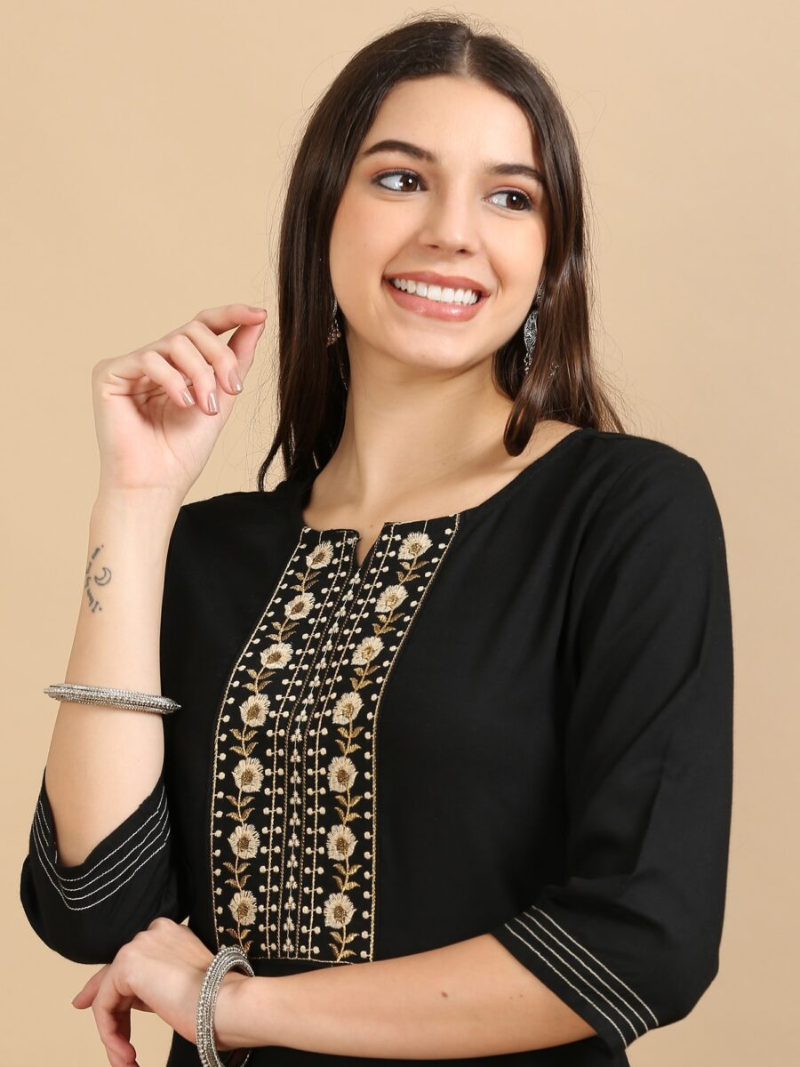 Marcia Black Embroidery Rayon 3 Pc Kurta Set - Image 5