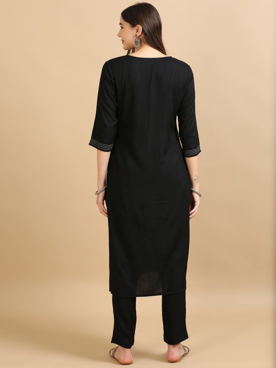 Marcia Black Embroidery Rayon 3 Pc Kurta Set - Image 7