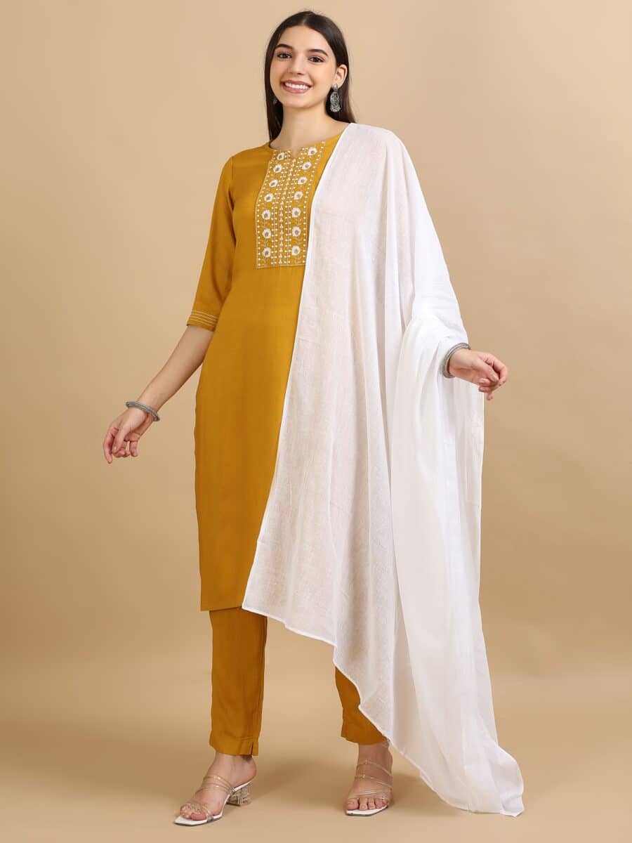 Marcia Mustard Embroidery Rayon 3 Pc Kurta Set - Image 7
