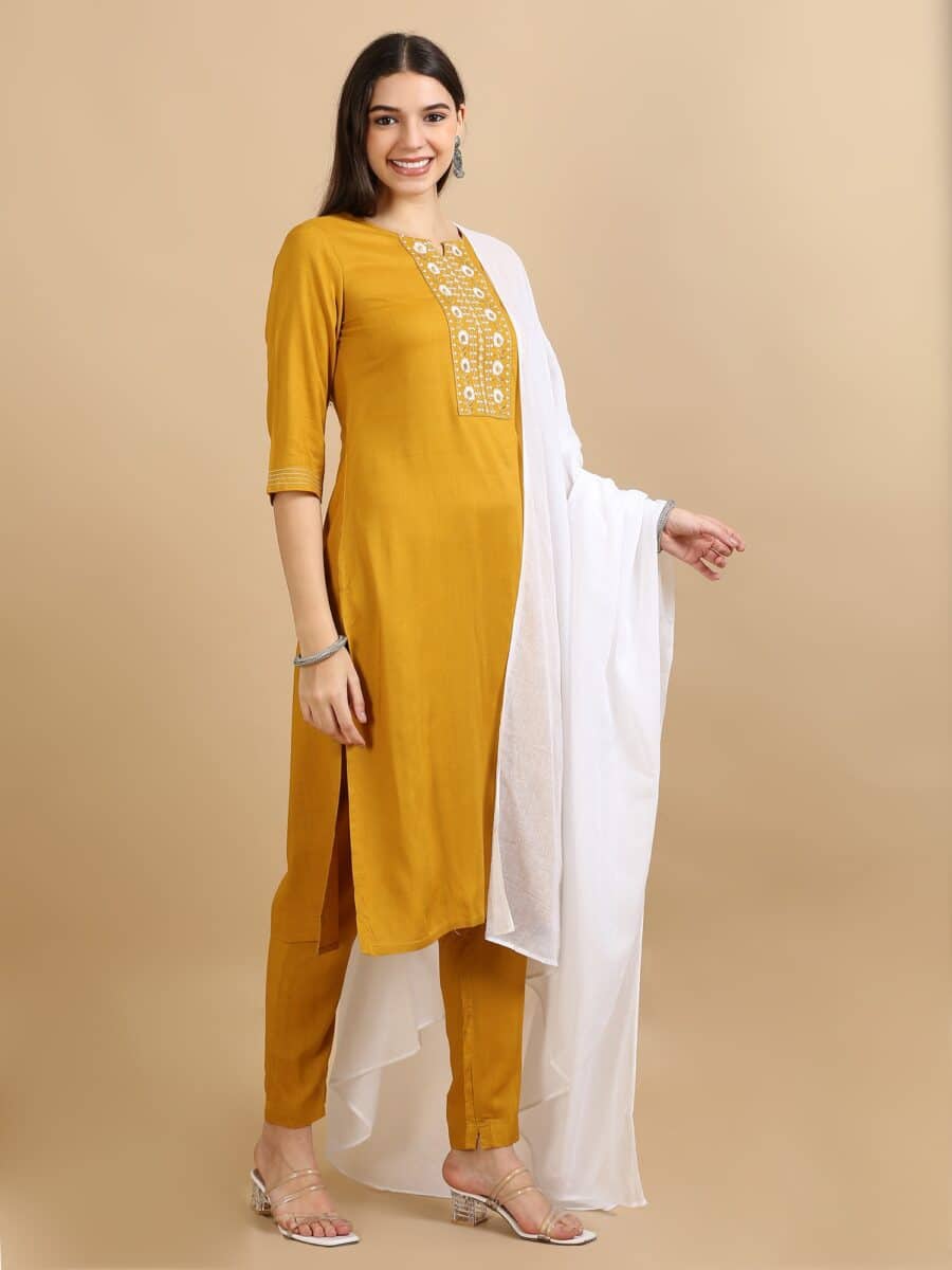 Marcia Mustard Embroidery Rayon 3 Pc Kurta Set - Image 2