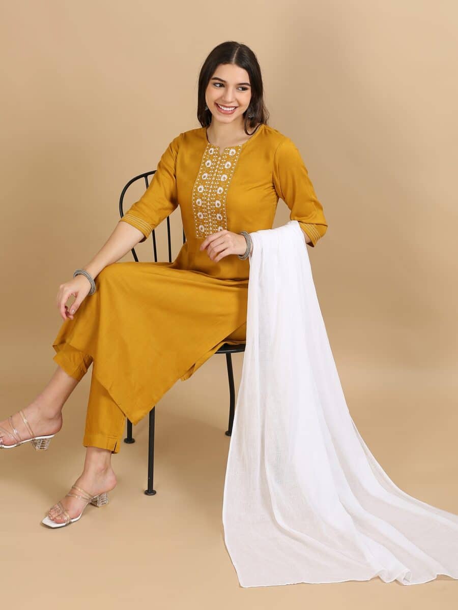 Marcia Mustard Embroidery Rayon 3 Pc Kurta Set