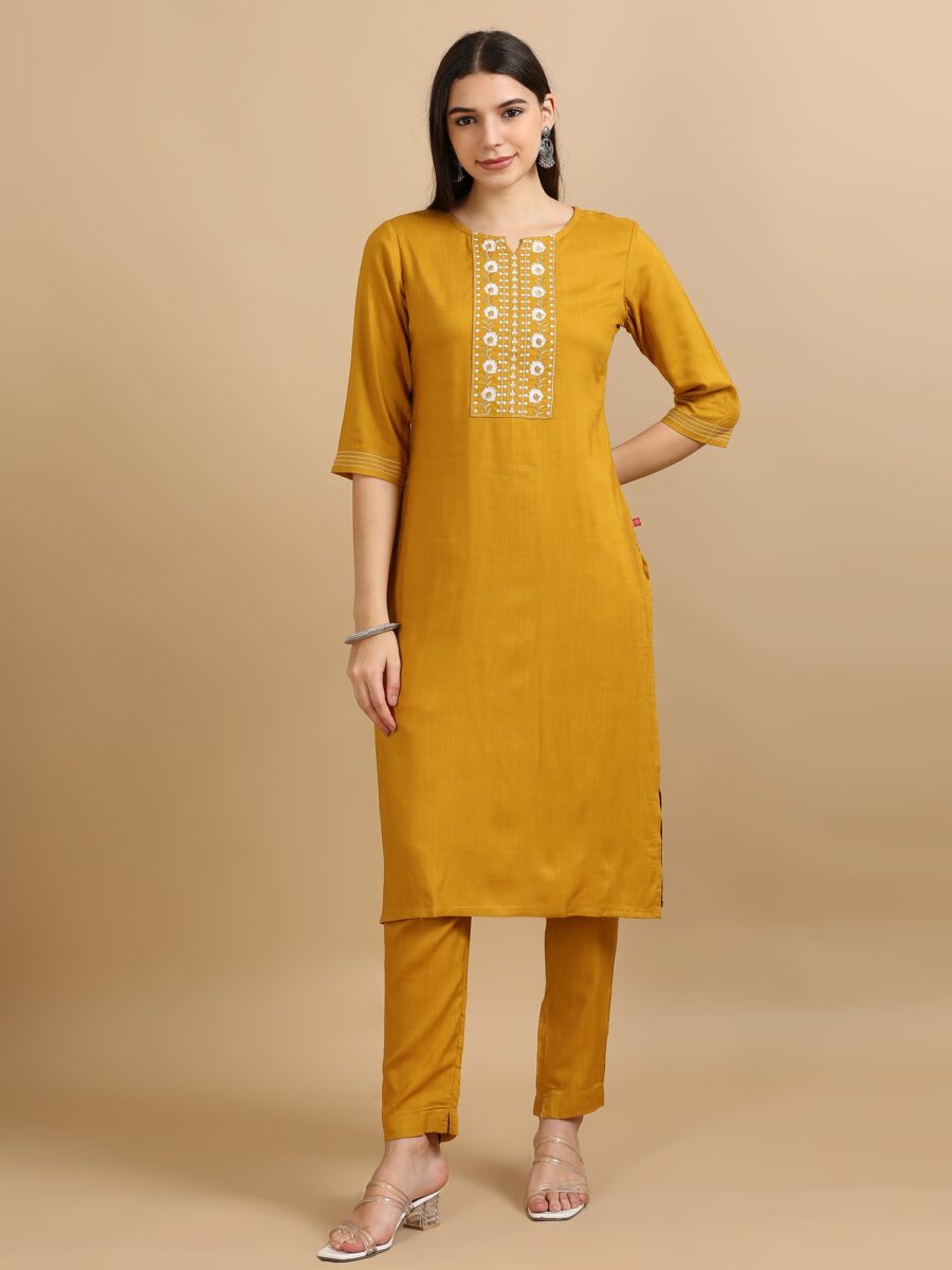 Marcia Mustard Embroidery Rayon 3 Pc Kurta Set - Image 3