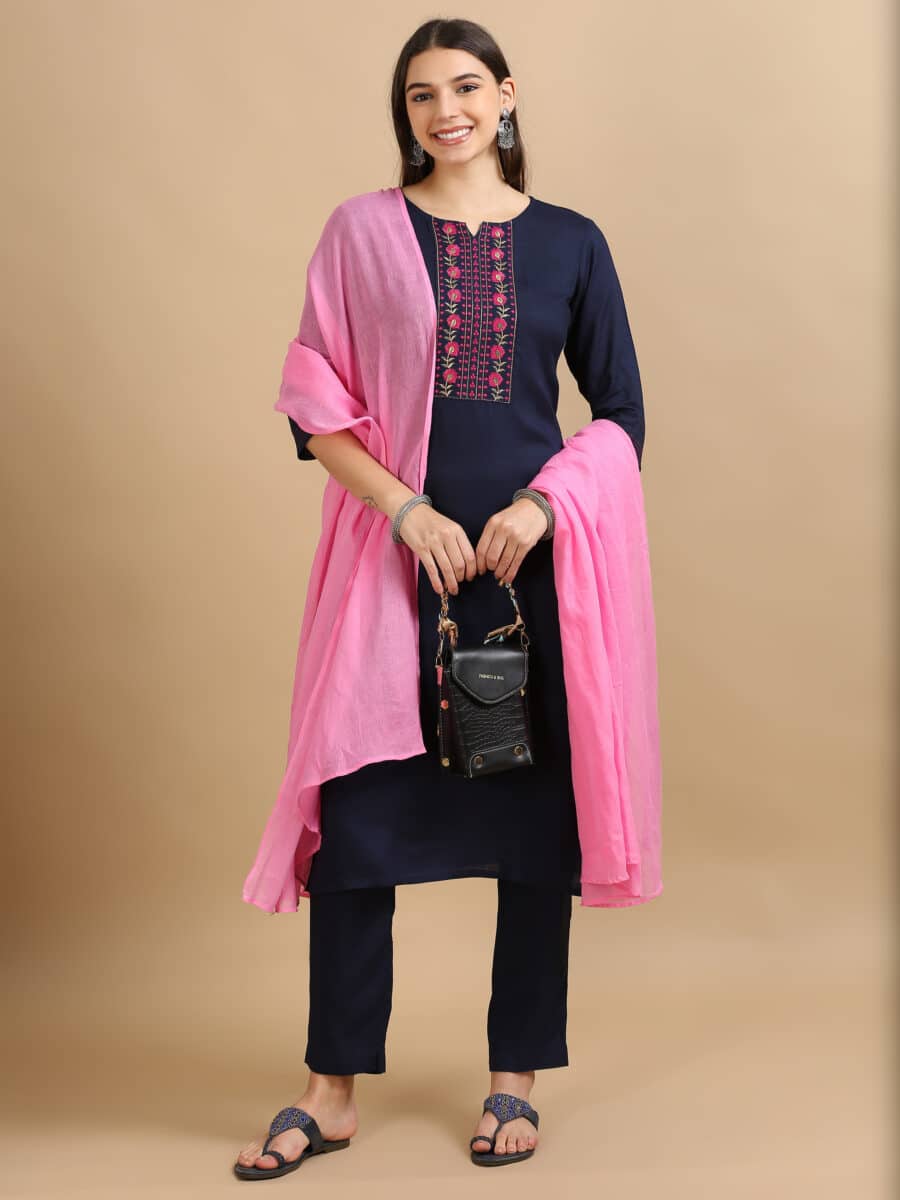 Marcia Navy Embroidery Cotton 3 Pc Kurta Set