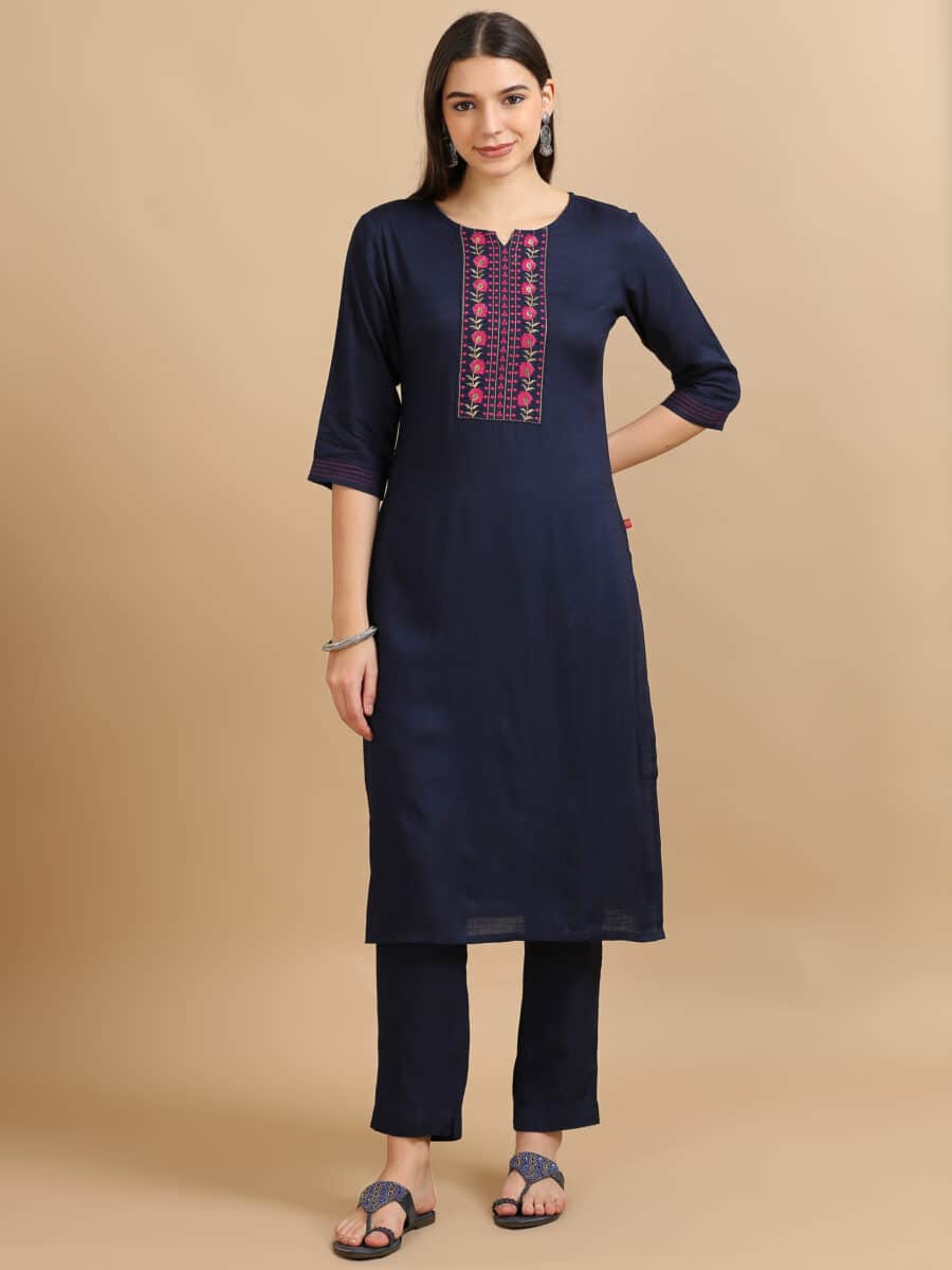 Marcia Navy Embroidery Cotton 3 Pc Kurta Set - Image 4