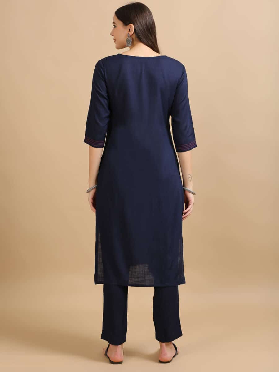 Marcia Navy Embroidery Cotton 3 Pc Kurta Set - Image 5