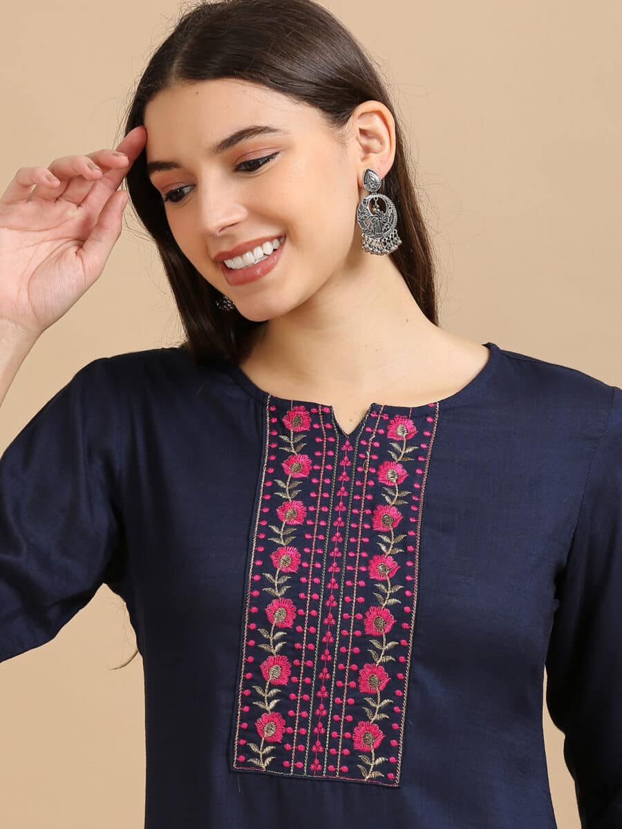 Marcia Navy Embroidery Cotton 3 Pc Kurta Set - Image 7