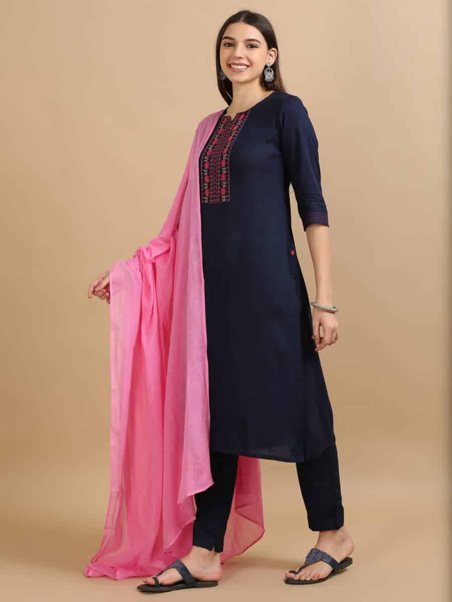 Marcia Navy Embroidery Cotton 3 Pc Kurta Set - Image 2